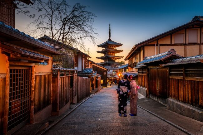 Women exploring a japanese village in yukata